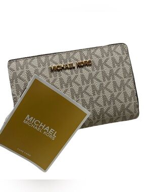 Michael Kors Beige Signature MK Zip-Around Wallet with Gold Logo